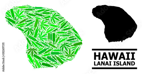Addiction mosaic and solid map of Lanai Island. Vector map of Lanai Island is constructed from random vaccine symbols, herb and wine bottles.