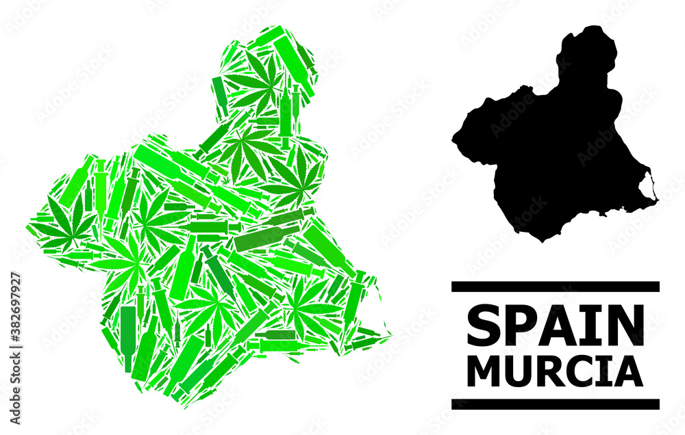 Obraz premium Drugs mosaic and usual map of Murcia Province. Vector map of Murcia Province is created from randomized injection needles, hemp and drink bottles.
