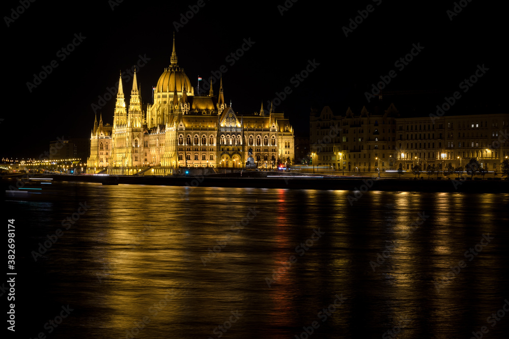 Hungarian parliament building illuminated at night, Budapest, Hungary