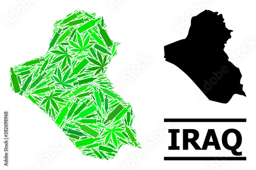 Drugs mosaic and usual map of Iraq. Vector map of Iraq is composed with randomized vaccine symbols, dope and alcoholic bottles. Abstract territory plan in green colors for map of Iraq.