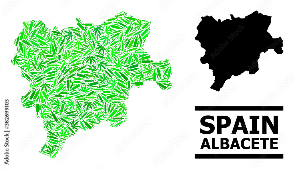 Drugs mosaic and solid map of Albacete Province. Vector map of Albacete Province is formed of random injection needles, dope and drink bottles.