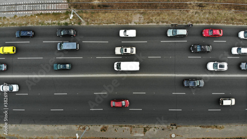 Aerial. Traffic on a highway. Top view from drone.