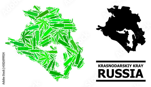 Drugs mosaic and usual map of Krasnodarskiy Kray. Vector map of Krasnodarskiy Kray is organized from random vaccine symbols, herbal and alcoholic bottles.
