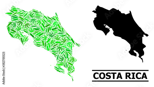 Drugs mosaic and usual map of Costa Rica. Vector map of Costa Rica is organized from scattered syringes, addict and alcoholic bottles. Abstract territory scheme in green colors for map of Costa Rica.