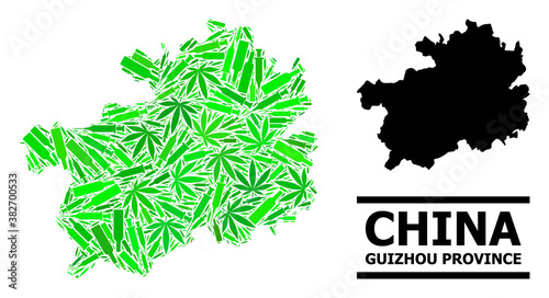 Drugs mosaic and usual map of Guizhou Province. Vector map of Guizhou Province is formed from randomized injection needles, herbal and alcoholic bottles.