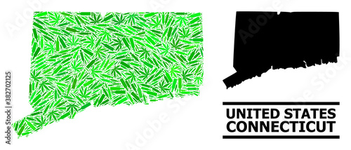 Drugs mosaic and solid map of Connecticut State. Vector map of Connecticut State is shaped with randomized syringes, cannabis and alcohol bottles.