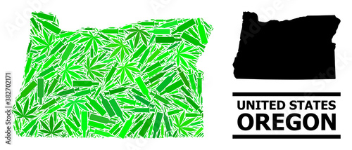 Addiction mosaic and usual map of Oregon State. Vector map of Oregon State is created of scattered injection needles, addict and alcoholic bottles.