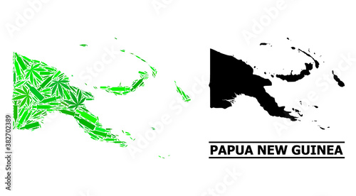 Addiction mosaic and solid map of Papua New Guinea. Vector map of Papua New Guinea is organized with random injection needles, weed and wine bottles.