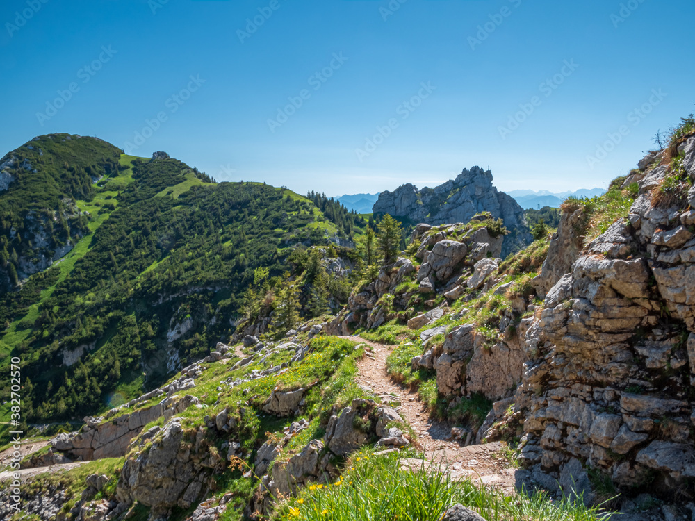 Wendelstein hiking path during summer with blue sky background 