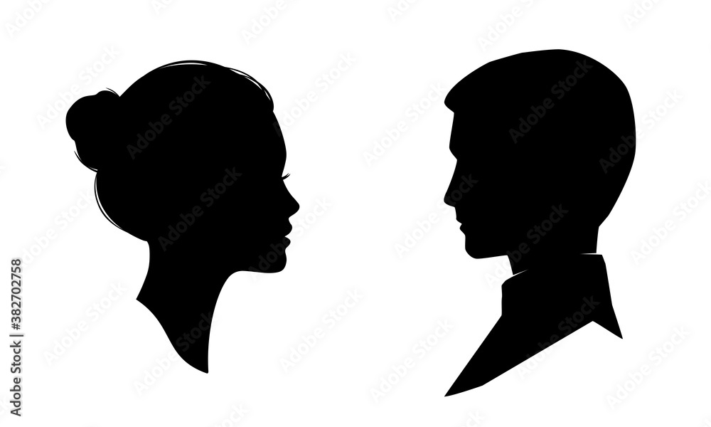  Woman and man face silhouette. Male and female profile.