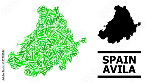Drugs mosaic and solid map of Avila Province. Vector map of Avila Province is made of random syringes, addict and drink bottles. Abstract territorial scheme in green colors for map of Avila Province.