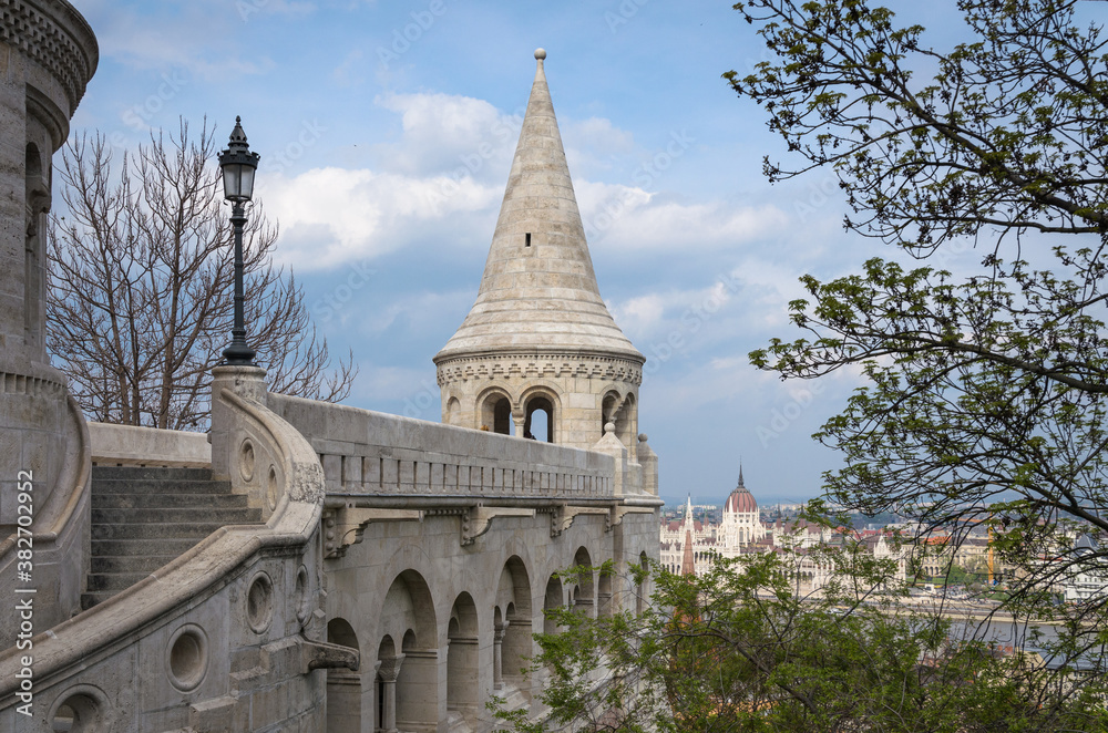 Fisherman's Bastion with the Hungarian Parliament in the background, Budapest, Hungary