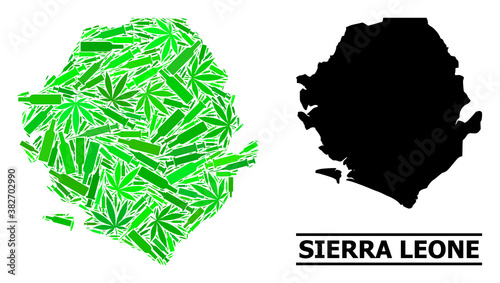 Addiction mosaic and usual map of Sierra Leone. Vector map of Sierra Leone is organized from random vaccine symbols, weed and wine bottles.