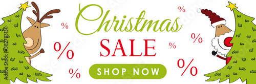 Christmas Discount Sale banner for Shops with Santa Claus and his Reindeer hiding behind christmas trees,  cartoon vector illustration in green and red