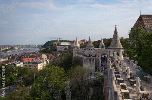 Budapest city skyline with the Fisherman's Bastion and Danube River on a cloudy day, Budapest, Hungary