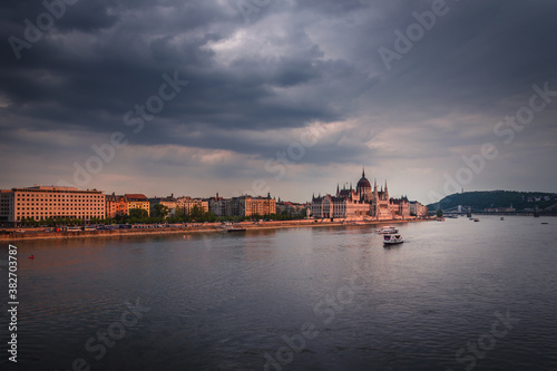 Budapest city skyline with the Hungarian Parliament and Danube River at sunset, Budapest, Hungary