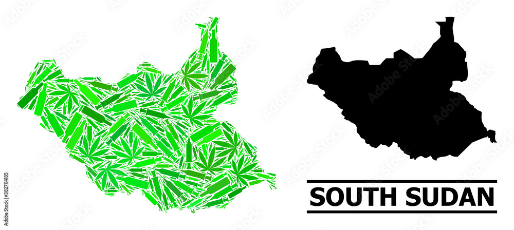 Drugs mosaic and usual map of South Sudan. Vector map of South Sudan is shaped of scattered inoculation icons, cannabis leaves and alcohol bottles.