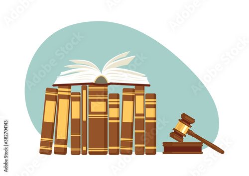 Legal education. Books with judge gavel. Jurisprudence studying, law theory. 