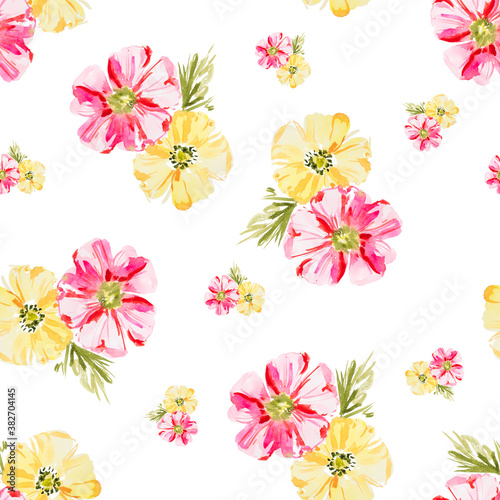 Pink and yellow bright watercolor flower pattern