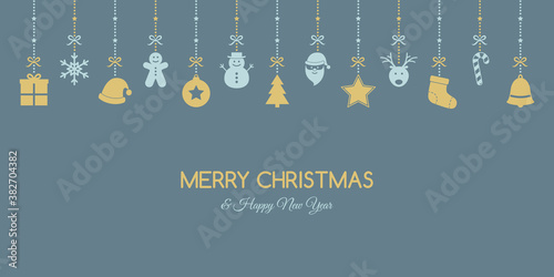 Xmas background with ornaments. Hanging Christmas icons with wishes. Vector