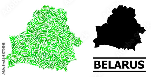 Drugs mosaic and solid map of Belarus. Vector map of Belarus is composed from randomized injection needles, hemp and alcoholic bottles. Abstract territorial plan in green colors for map of Belarus.