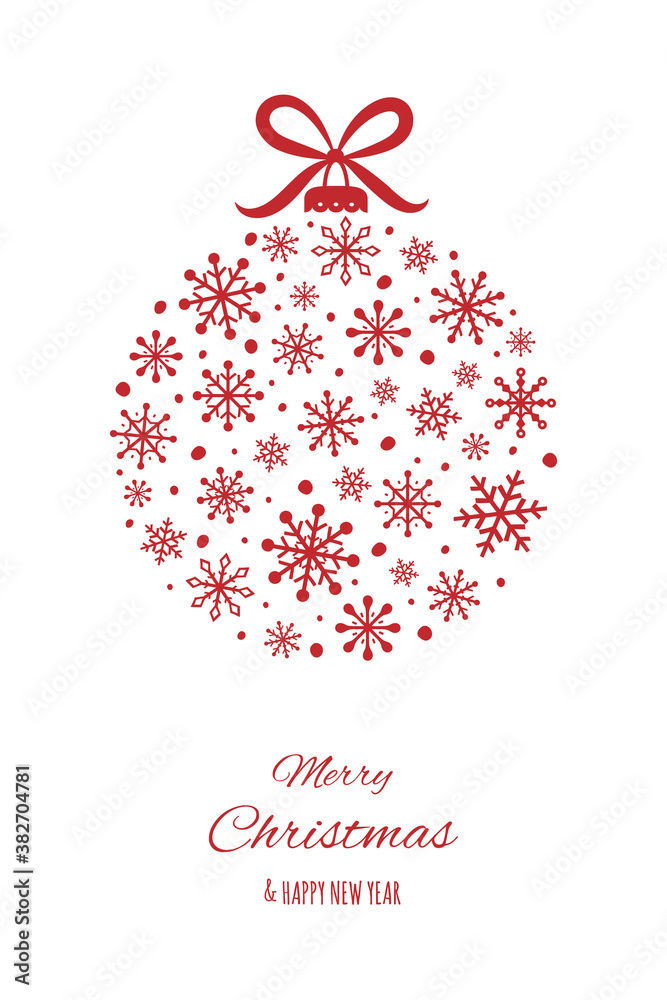Concept of Christmas greeting card with snowflakes and wishes. Xmas ball. Vector