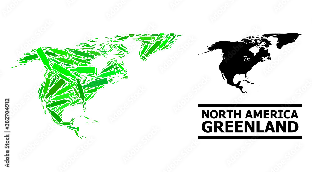 Drugs mosaic and usual map of North America and Greenland. Vector map of North America and Greenland is done from random vaccine symbols, ganja and alcoholic bottles.