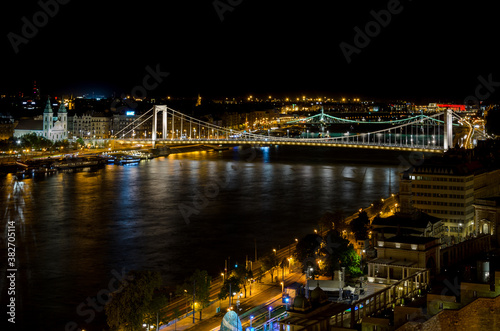 Budapest city landscape and Elisabeth Bridge over the Danube river from Buda Castle at night, Hungary