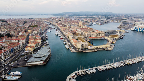 Aerial view of the old town of Sete in the South of France - Downtown island between two canals along the Mediterranean Sea © Alexandre ROSA
