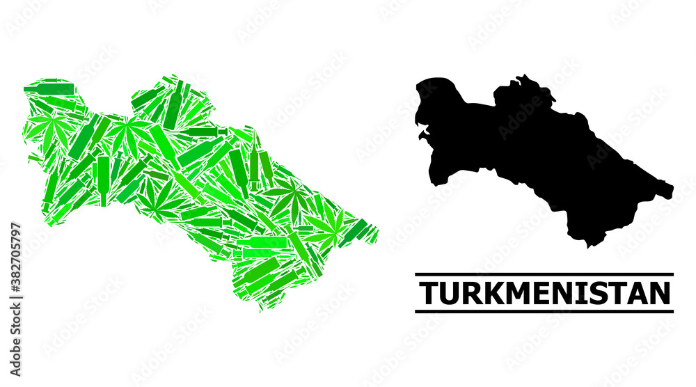 Addiction mosaic and solid map of Turkmenistan. Vector map of Turkmenistan is done of scattered injection needles, narcotic and alcohol bottles.