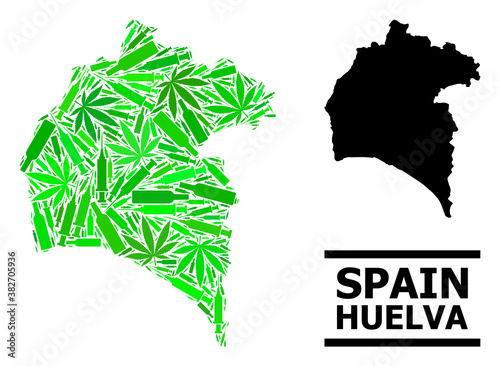 Drugs mosaic and usual map of Huelva Province. Vector map of Huelva Province is created with randomized syringes, herb and wine bottles.