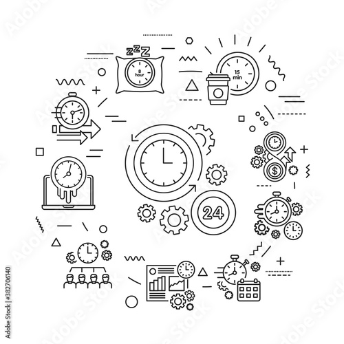 Time management web banner. Planning and control of working and personal time. Infographics with linear icons on pink background. Isolated outline black illustration.