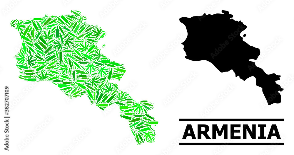 Drugs mosaic and solid map of Armenia. Vector map of Armenia is formed with scattered syringes, herb and alcoholic bottles. Abstract geographic plan in green colors for map of Armenia.