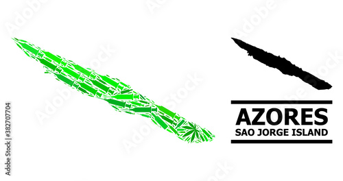 Drugs mosaic and usual map of Sao Jorge Island. Vector map of Sao Jorge Island is created with scattered inoculation icons, addict and alcoholic bottles.