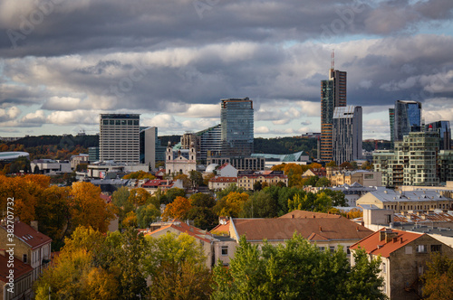 Vilnius city view with skyscrappers in autumn.
