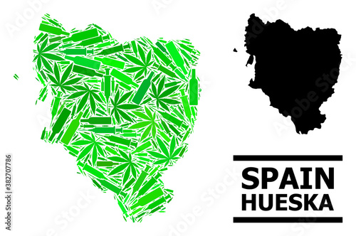 Addiction mosaic and solid map of Hueska Province. Vector map of Hueska Province is formed with random syringes, ganja and alcoholic bottles.