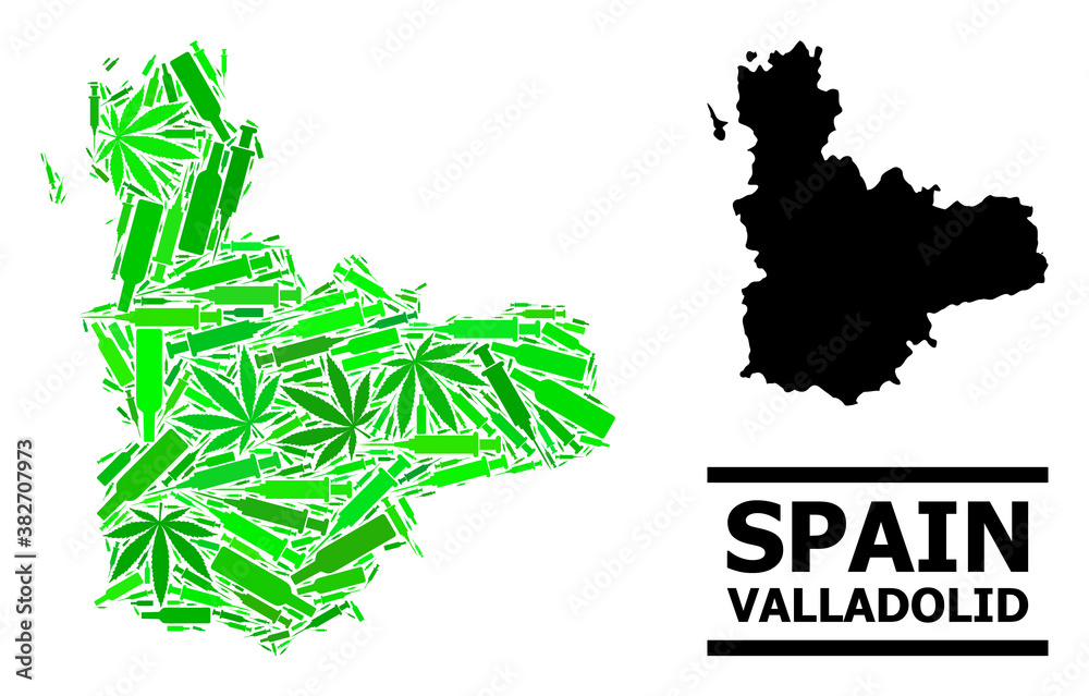 Drugs mosaic and usual map of Valladolid Province. Vector map of Valladolid Province is designed from random inoculation icons, narcotic and drink bottles.