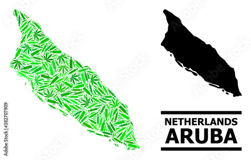 Addiction mosaic and solid map of Aruba Island. Vector map of Aruba Island is composed of scattered injection needles, addict and alcoholic bottles.