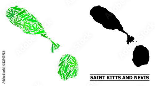 Drugs mosaic and solid map of Saint Kitts and Nevis. Vector map of Saint Kitts and Nevis is designed with randomized vaccine symbols, herb and alcoholic bottles.