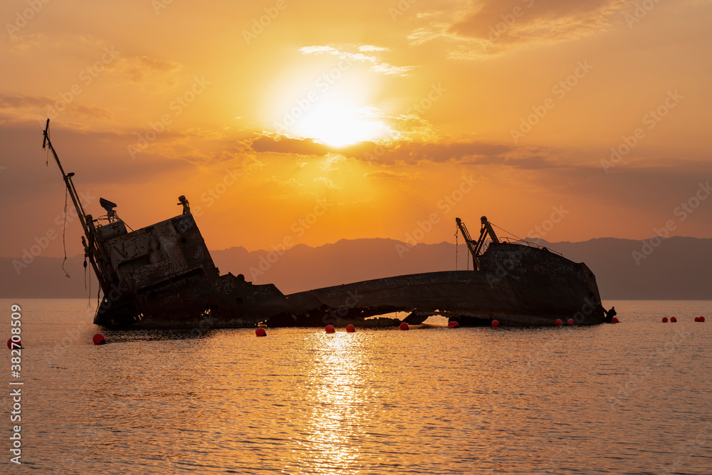 Sunset view of shipwreck in the Gulf of Aqaba off the Saudi Arabian coast, Haql Province