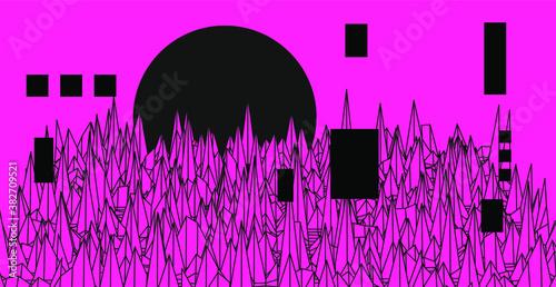 Abstract technology background with warped and distorted laser grid. Vaporwave and synthwave style illustration like in old video arcade games.