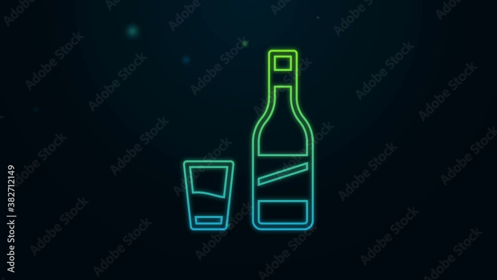 Glowing neon line Bottle of vodka with glass icon isolated on black background. 4K Video motion graphic animation Glowing neon line Bottle of vodka with glass icon isolated on black background. 4K Video motion graphic animation