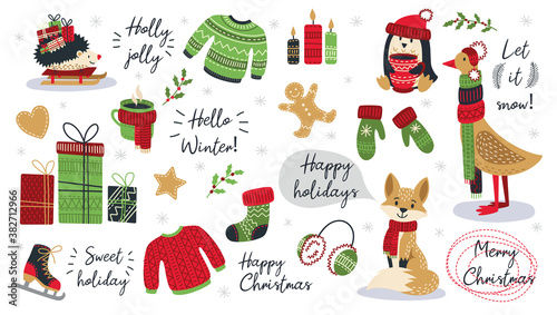 Set of modern hand drawn christmas animals and other isolated elements. Vector illustration.
