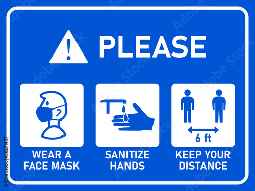 Horizontal Instruction Signboard with Basic Set of Measures against the Spread of Coronavirus Covid-19 including Wear a Face Mask, Sanitize Hands and Keep Your Distance 6 ft or 6 Feet. Vector Image.