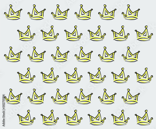 Vector girlish pattern. Yellow crown with a black outline on a grey background. Wallpaper of a girls theme
