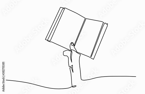 Line drawing vector illustration of hand holding an open book. Sketch of hands holding open book with blank pages mockup first person view, Hand drawn isolated vector line art illustration.
