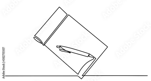 Single continuous line drawing of notebook or notepad with a pencil above work desk. Writing business draft on office notes concept. Notebook and pen one line drawing vector