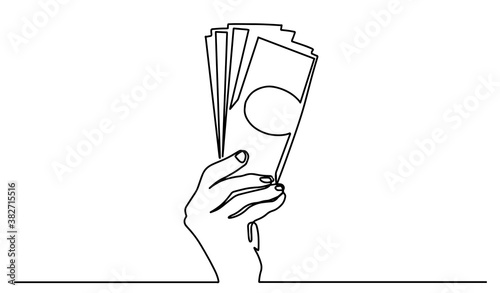 Payment with money, buying or purchase of goods. continuous line. continuous line drawing of hand giving money banknotes. Payment with money, buying or purchase of goods. continuous line