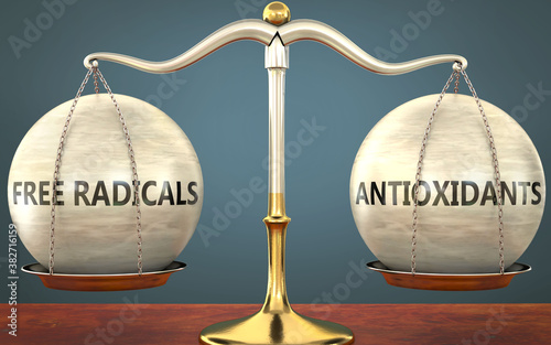 free radicals and antioxidants staying in balance - pictured as a metal scale with weights to symbolize balance and symmetry of those concepts, 3d illustration
