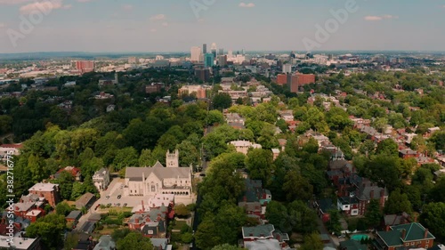 Colorful bridges lead into the buildings and streets of downtown city center Louisville Kentucky